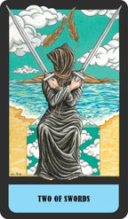 Tarot card featuring a figure holding two swords with a scenic background