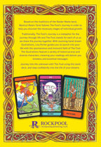 Advertisement for a tarot card set with illustrations and text on a yellow background, featuring the Rockpool Publishing logo.