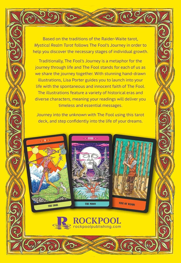 Advertisement for a tarot card set with illustrations and text on a yellow background, featuring the Rockpool Publishing logo.