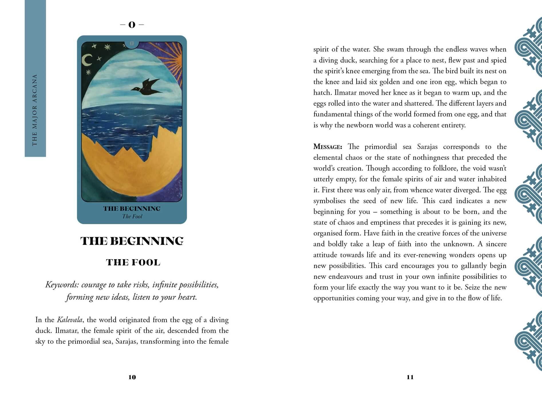Page from a book featuring a tarot card titled 'The Fool' with an ocean and bird illustration.