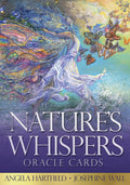Book cover of 'Nature's Whispers Oracle Cards' featuring a colorful illustration of a woman and butterflies.