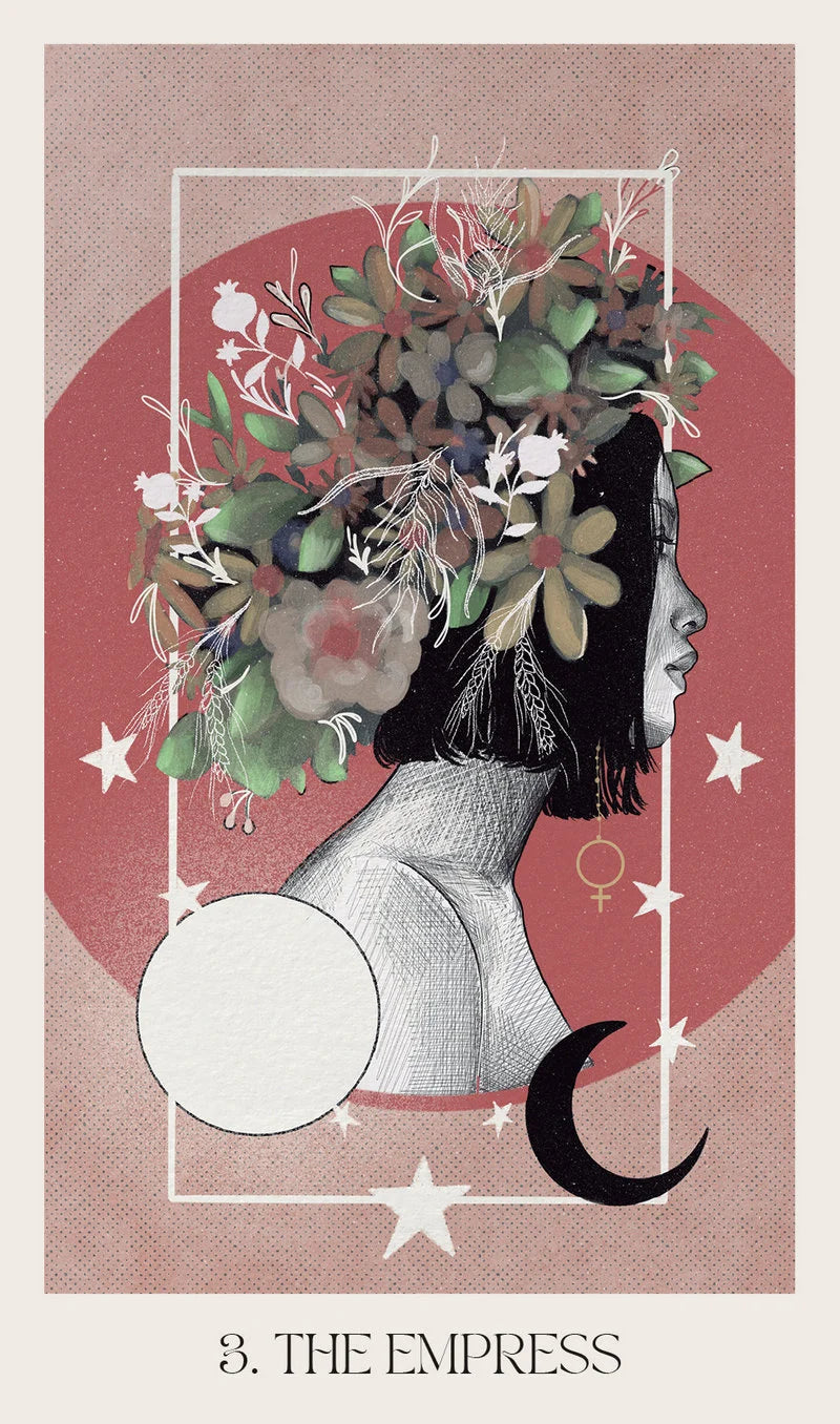 Card titled 'The Empress' featuring a stylized illustration of a woman with flowers and plants.