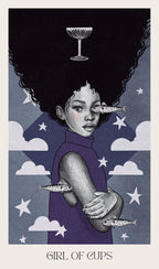 Illustration of a girl with an afro, surrounded by fish and stars, with 'Girl of Cups' text at the bottom.
