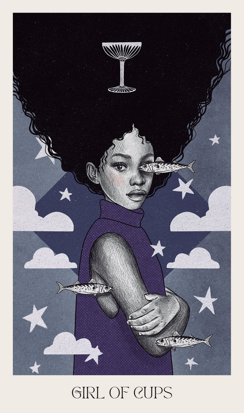 Illustration of a girl with an afro, surrounded by fish and stars, with 'Girl of Cups' text at the bottom.
