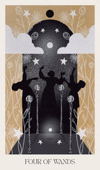 Card featuring a silhouette of three figures holding wands against a starry night sky with flowers and clouds.