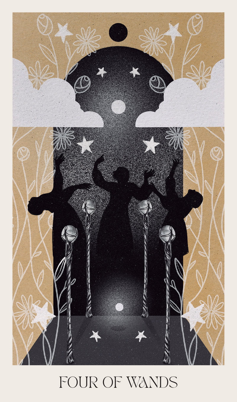 Card featuring a silhouette of three figures holding wands against a starry night sky with flowers and clouds.