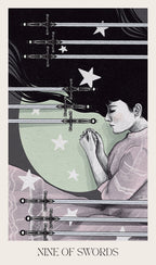 Tarot card featuring a person lying on a bed with swords and stars, titled 'Nine of Swords'.