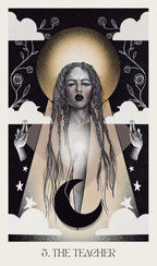 Artistic depiction of 'The Teacher' card with a central figure, crescent moon, and celestial elements.