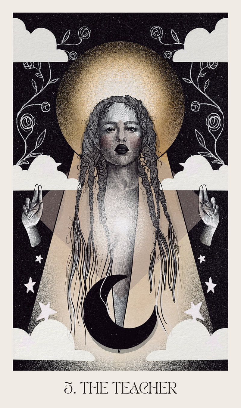 Artistic depiction of 'The Teacher' card with a central figure, crescent moon, and celestial elements.