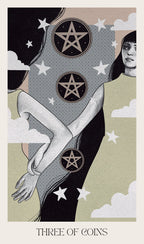 Card with a woman, clouds, and pentacle symbols, labeled 'Three of Coins'.