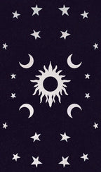 White celestial symbols on a black background