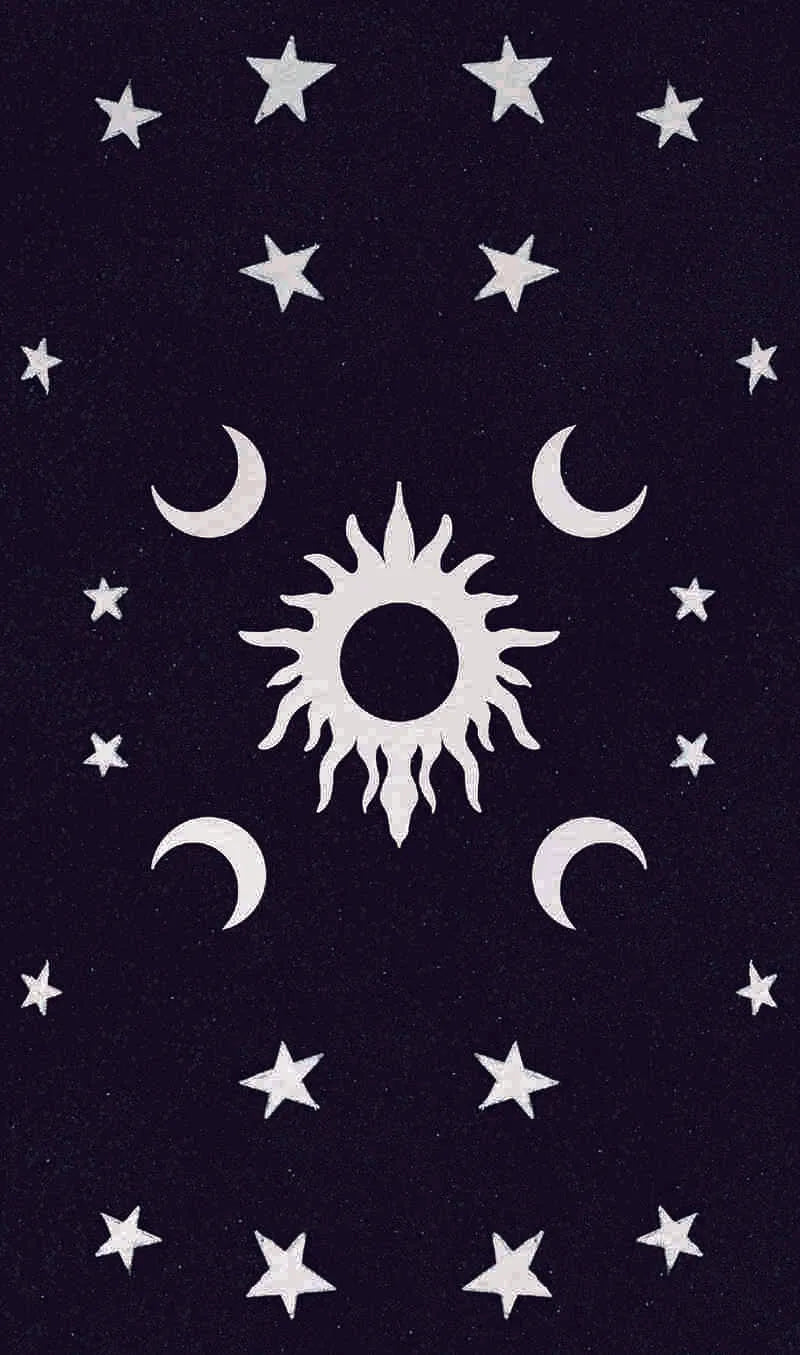 White celestial symbols on a black background