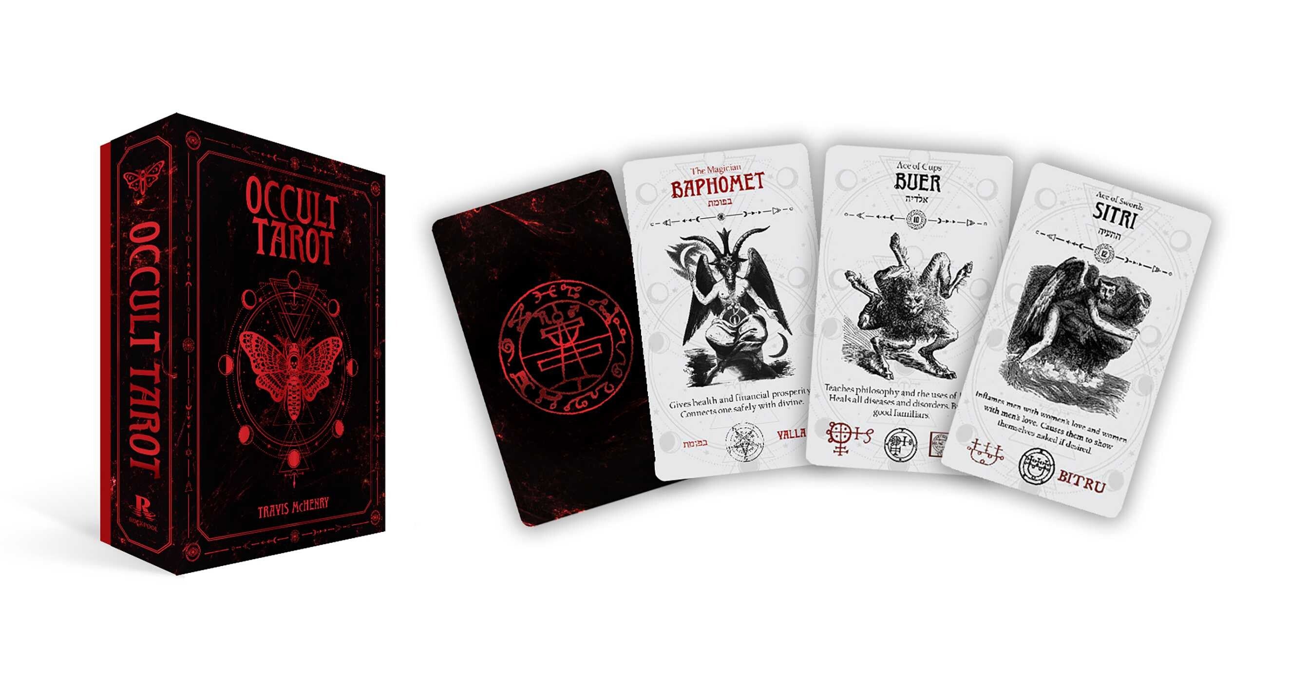 Occult Tarot card set with black and red packaging and tarot cards displayed.