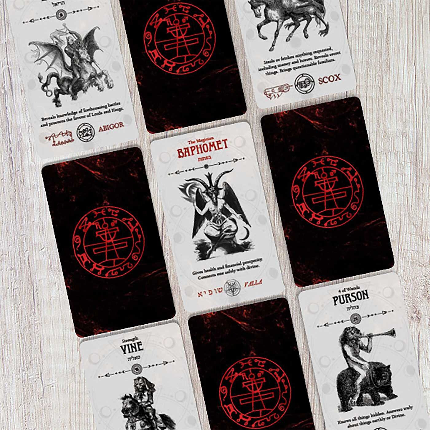 Collection of tarot cards with various designs and symbols on a wooden surface