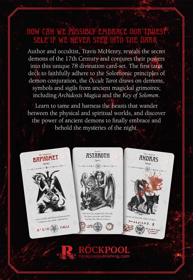Three tarot cards with illustrations and text on a dark background, featuring the brand 'Rockpool'.