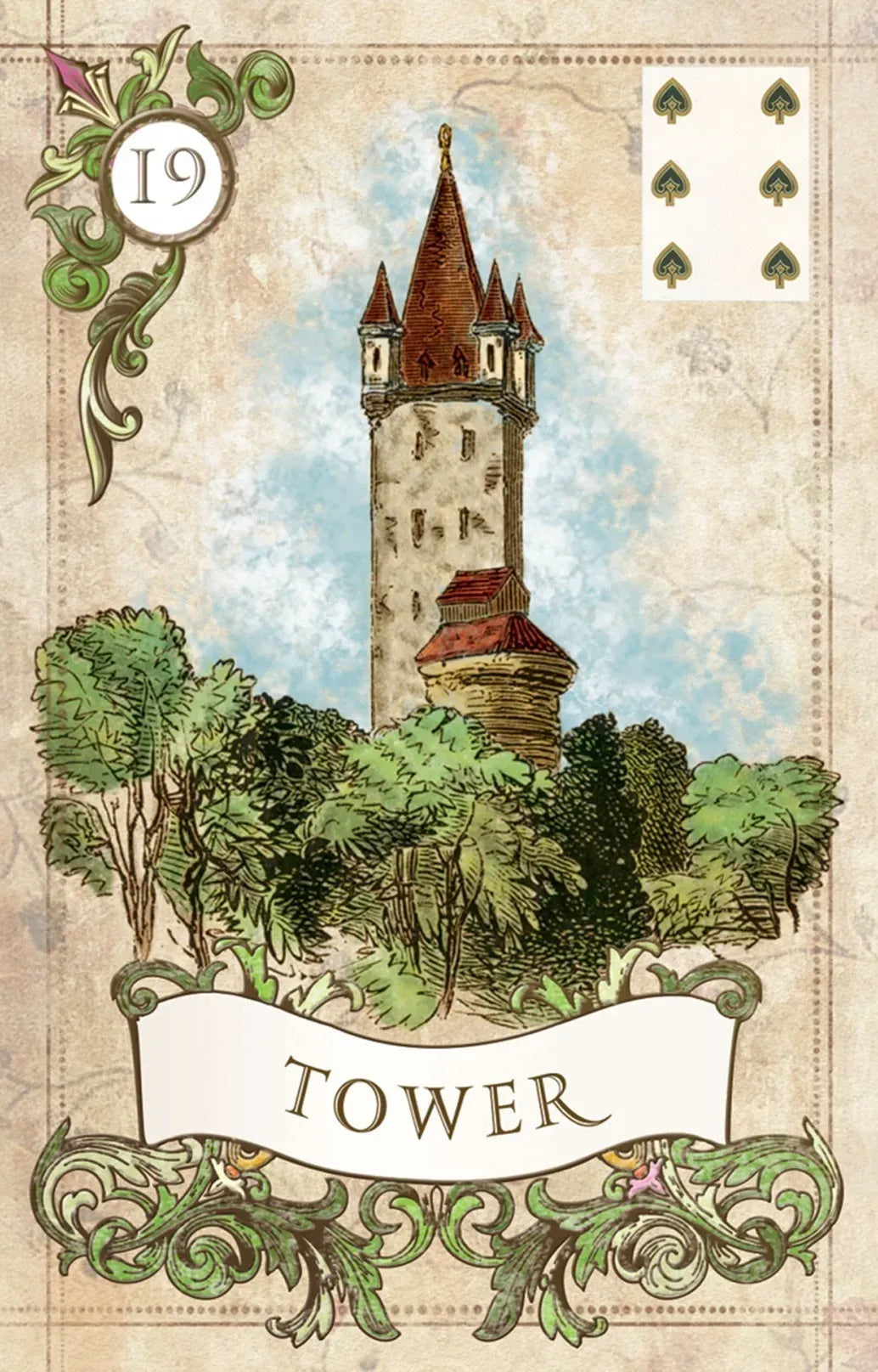 Illustration of a tower with decorative elements and text on a vintage-style background