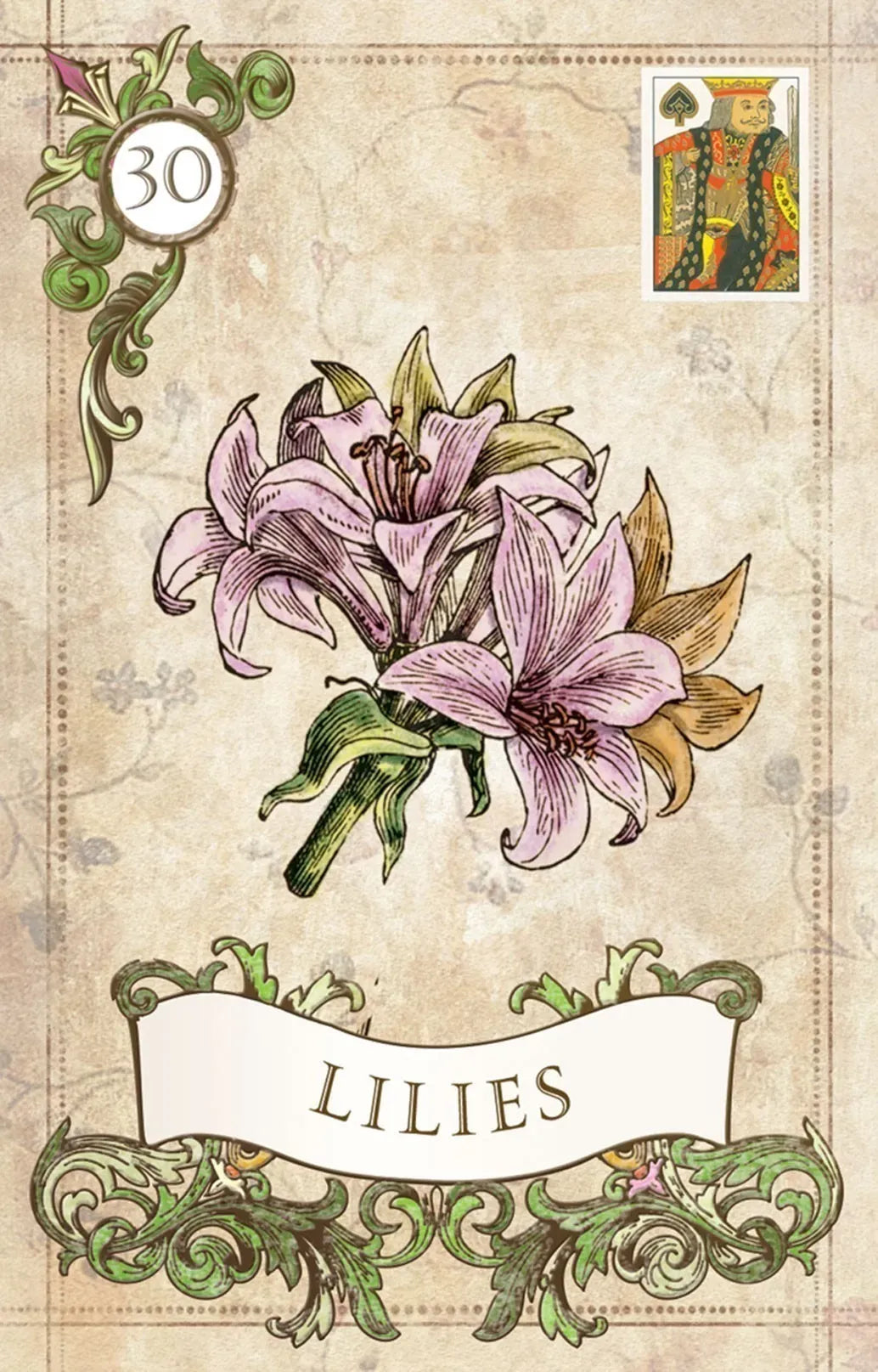 Decorative card with lilies and ornate text on a textured background