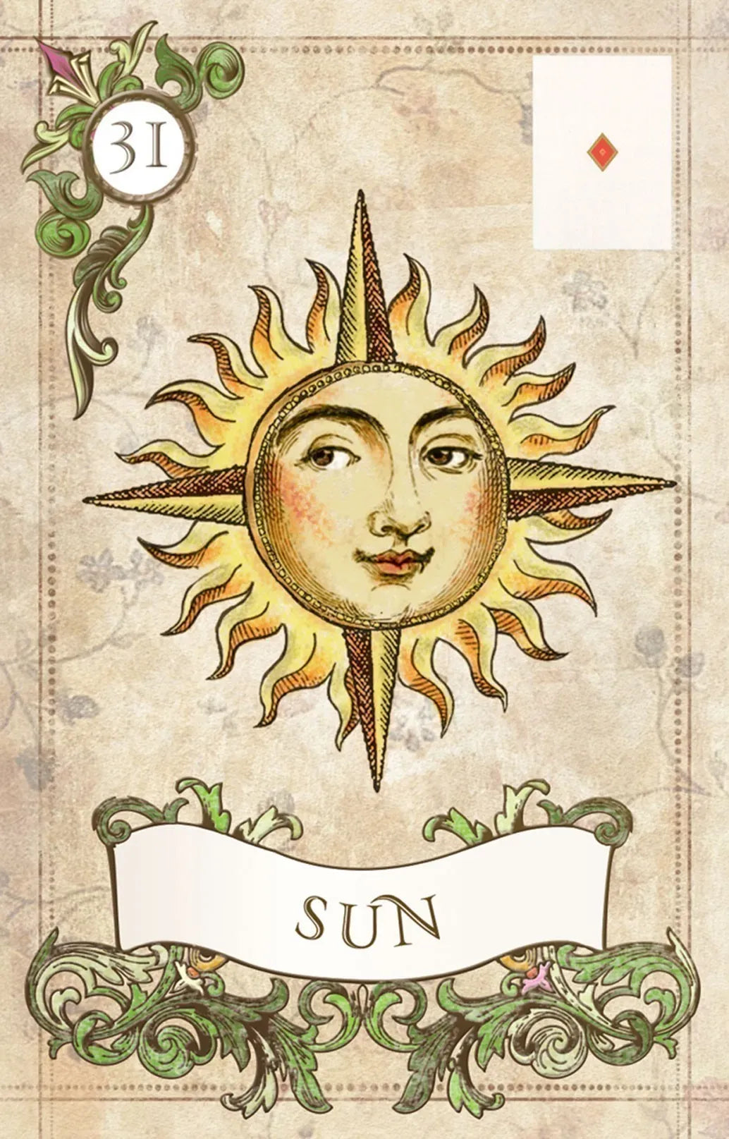 Vintage-style card featuring a sun with a face, labeled 'Sun', on an ornate background.