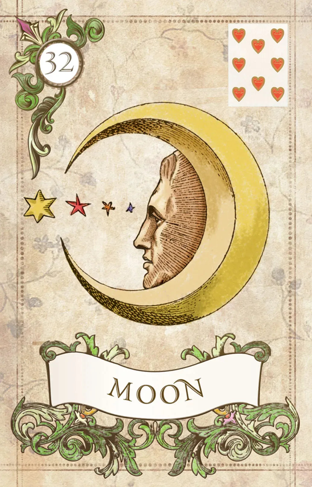 Vintage-style card with a crescent moon and face design, labeled 'Moon', on a textured background.