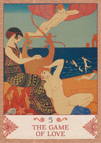 Vintage-style illustration of 'The Game of Love' card with two figures and a harp.