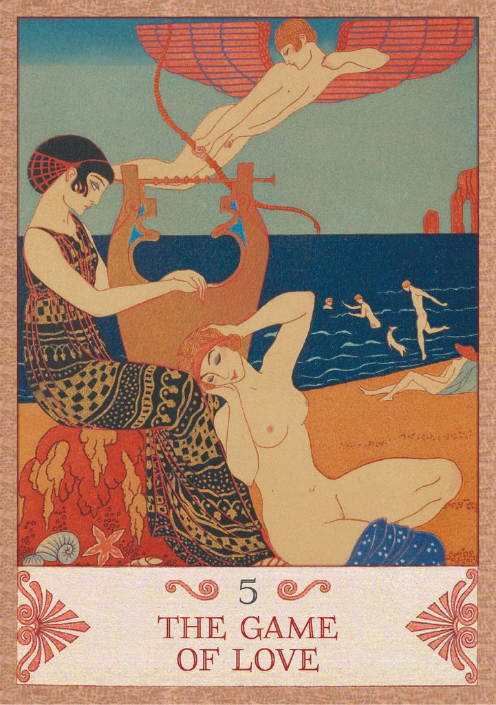 Vintage-style illustration of 'The Game of Love' card with two figures and a harp.