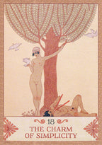 Artistic depiction of a woman and a tree with birds, labeled 'The Charm of Simplicity'.