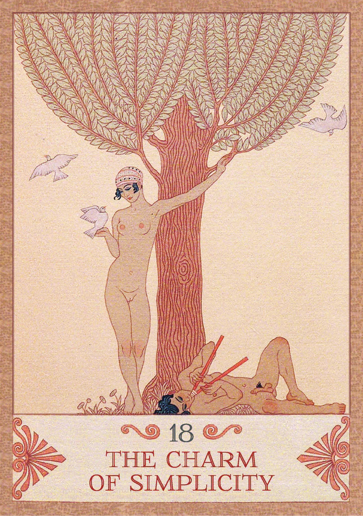 Artistic depiction of a woman and a tree with birds, labeled 'The Charm of Simplicity'.
