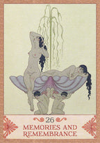 Artistic depiction of two nude figures with a child, framed with decorative elements and text '26 Memories and Remembrance'.