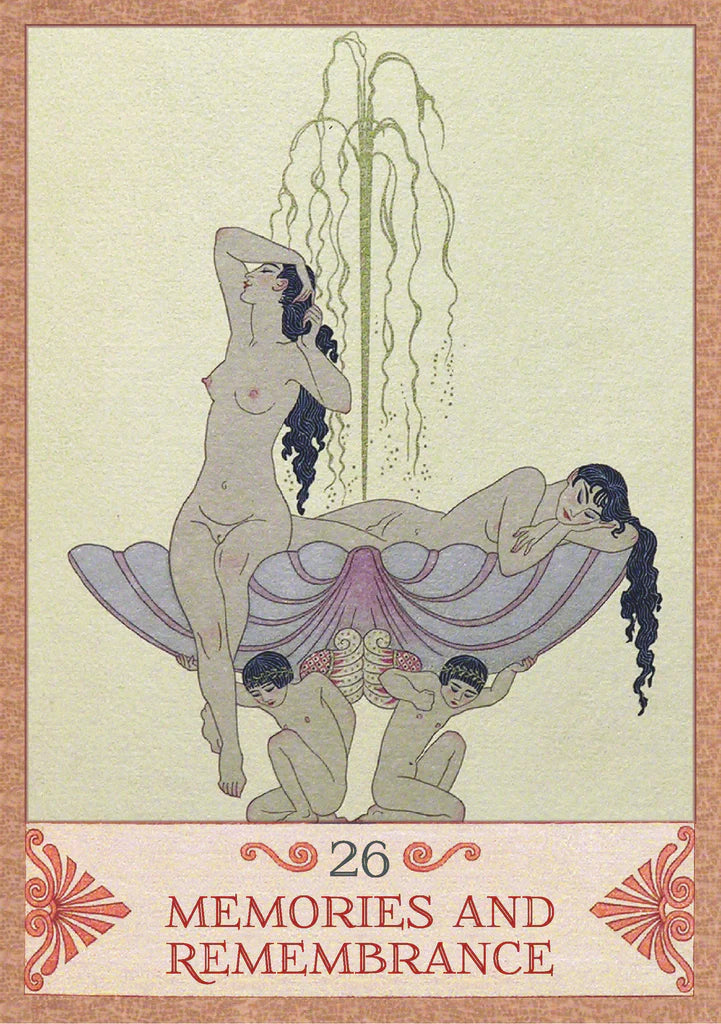 Artistic depiction of two nude figures with a child, framed with decorative elements and text '26 Memories and Remembrance'.