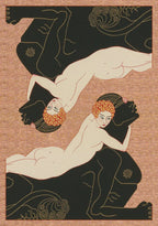 Artistic depiction of two nude figures with intricate patterns on a brown background