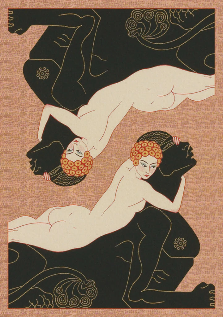 Artistic depiction of two nude figures with intricate patterns on a brown background