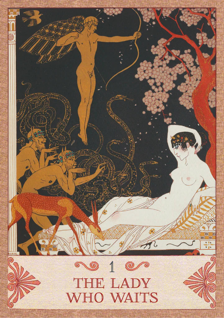 Artistic depiction of a woman sitting on a throne with nude figures and decorative elements.