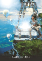 Person in futuristic outfit with robot-like elements sitting on a cliff overlooking water, with hot air balloons in the sky.