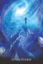 Person standing on a mountain peak with a swirling blue multiverse background