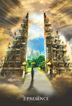 Stylized image of a temple with a person walking towards it, titled '2. Presence'.