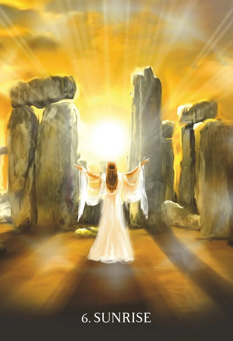 Woman in a white dress standing in front of Stonehenge with a bright light shining through, titled '6. Sunrise'.