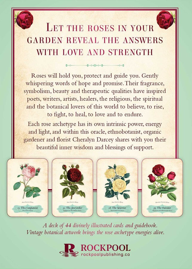 Promotional graphic for a deck of cards with rose illustrations and text on a light green background.
