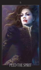 Artistic depiction of a woman with flowing hair and blood on her lips, with text 'Feed the Spirit' at the bottom.