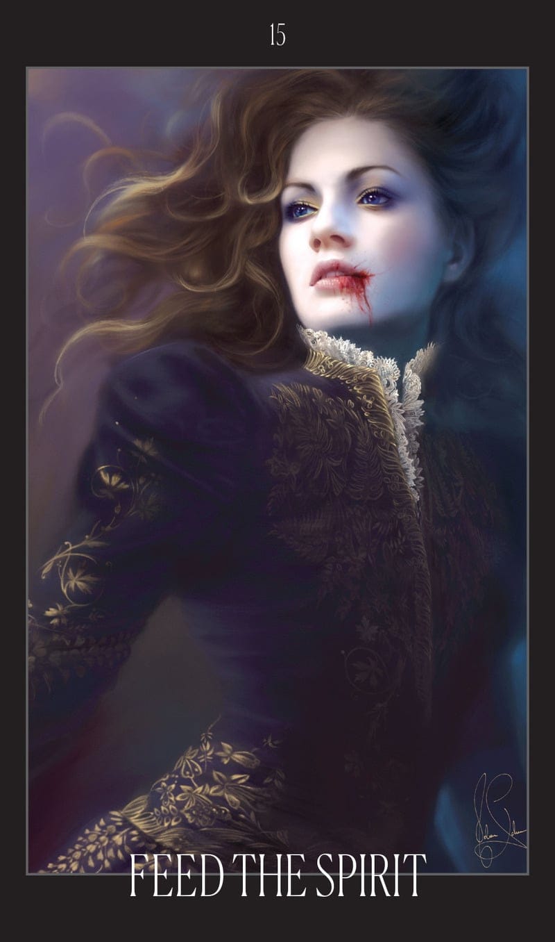 Artistic depiction of a woman with flowing hair and blood on her lips, with text 'Feed the Spirit' at the bottom.