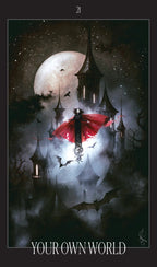 Fantasy scene with a character in red wings flying over a castle under a large moon.