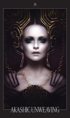 Artistic depiction of a woman with intricate headpiece and necklace, titled 'Akashic Unweaving'.