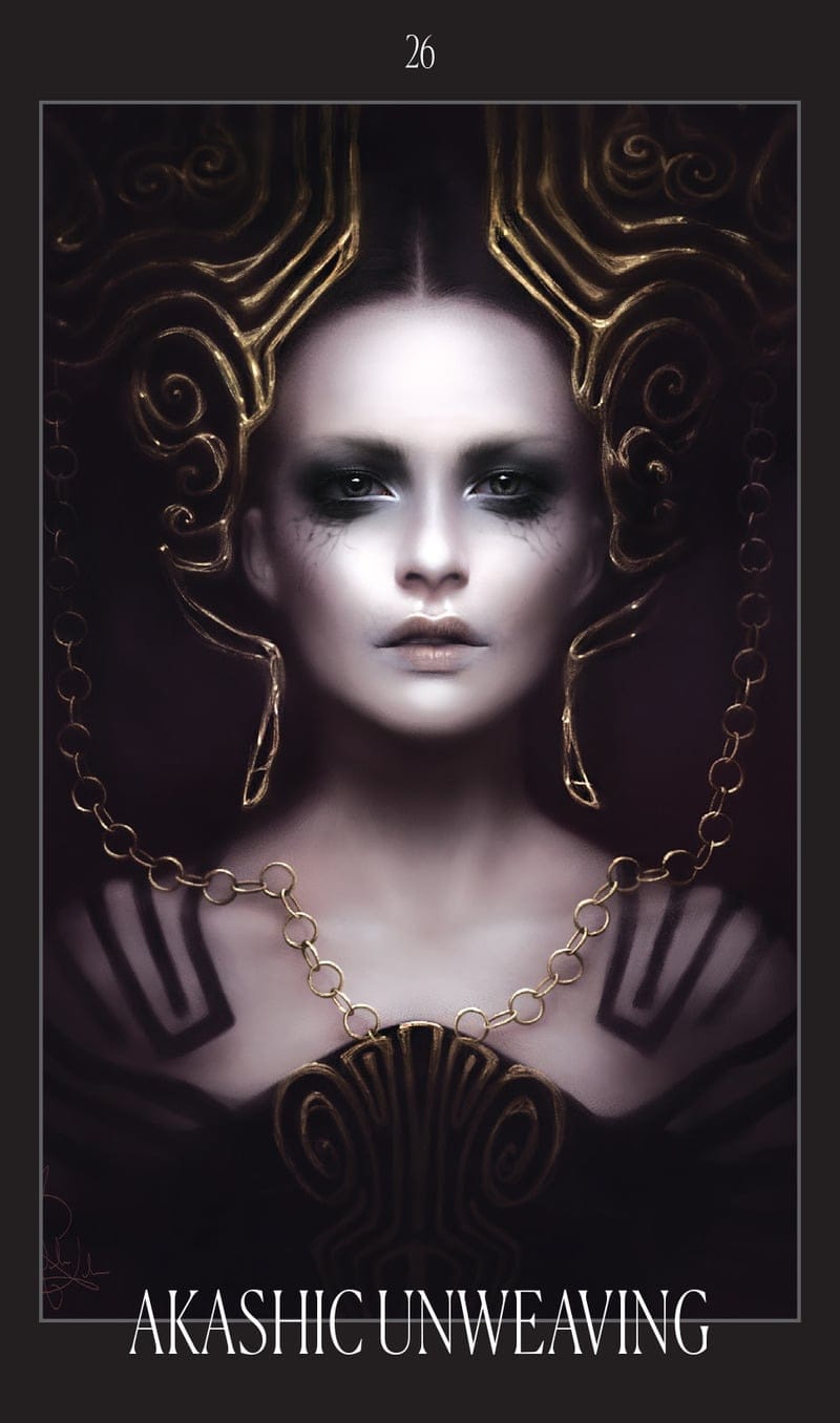 Artistic depiction of a woman with intricate headpiece and necklace, titled 'Akashic Unweaving'.