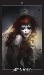 Artistic depiction of a 'Lady in White' with red hair and a dark background.