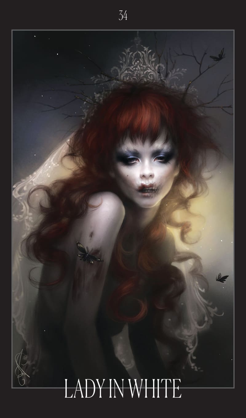 Artistic depiction of a 'Lady in White' with red hair and a dark background.
