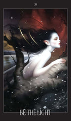 Artistic depiction of a woman in a snowy landscape with a dark tree and moonlit sky.