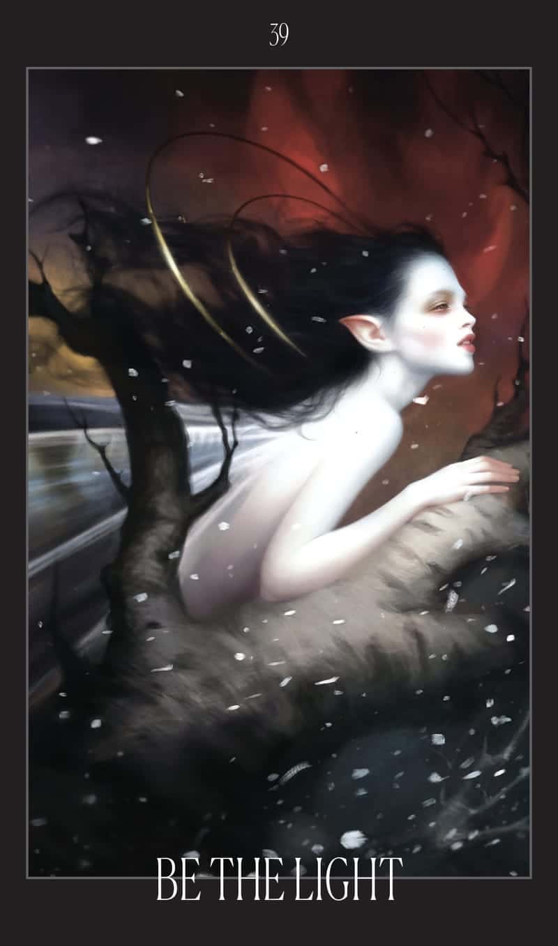 Artistic depiction of a woman in a snowy landscape with a dark tree and moonlit sky.