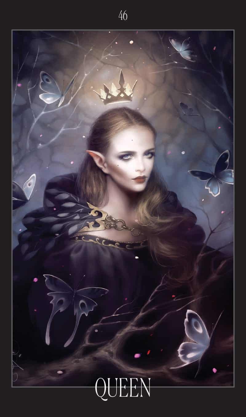 Illustration of a queen with butterfly wings and a crown, surrounded by butterflies.