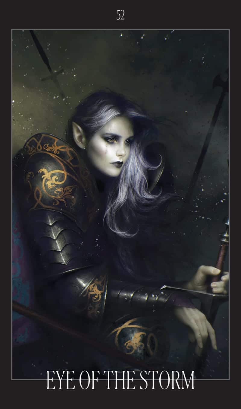 Tarot card featuring a character with gray hair and armor, titled 'Eye of the Storm'.