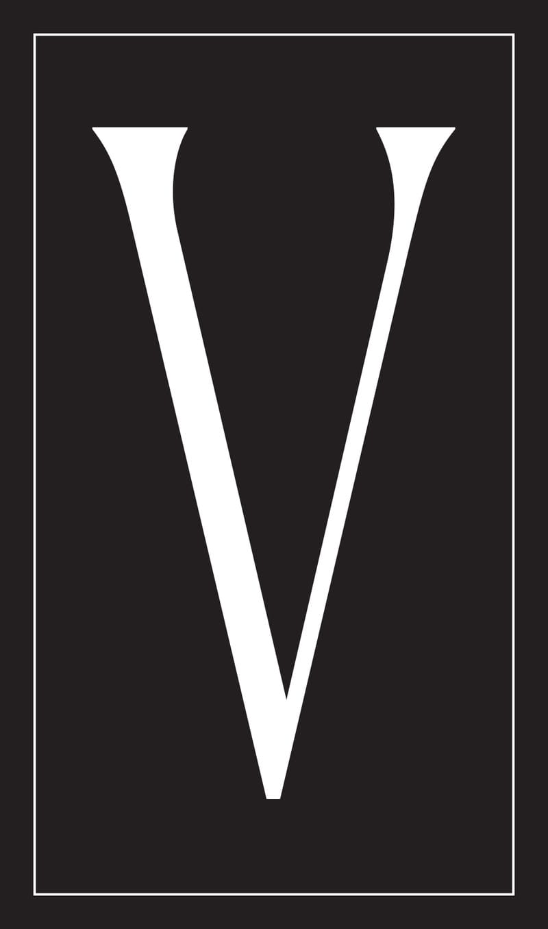 White letter 'V' on a black background