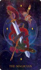 Tarot card featuring a snake holding a sword with a mystical background, titled 'The Magician'.